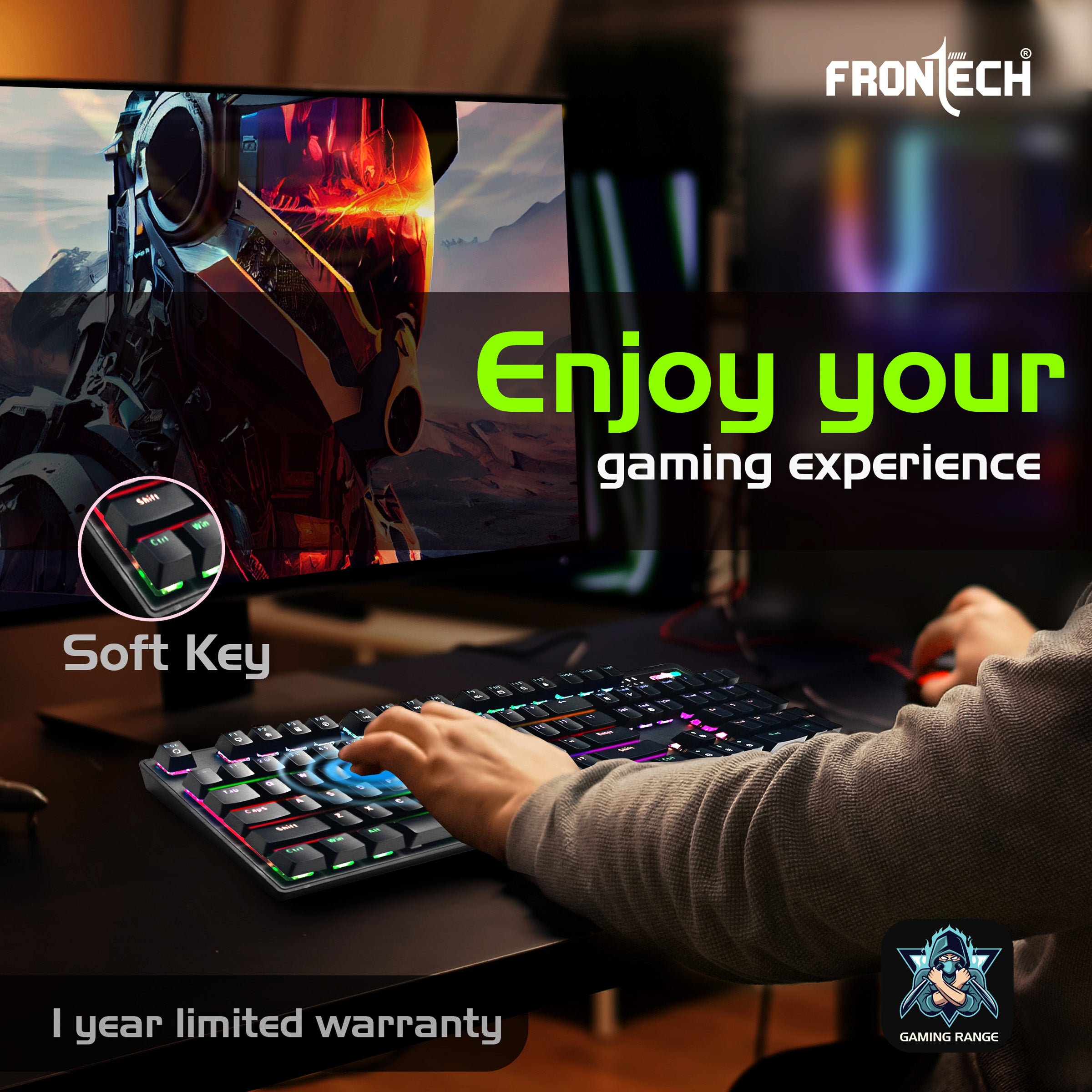 Frontech Wired Mechanical Gaming Keyboard | 104 Keys | Rainbow Backlit | Anti-Ghosting | Ergonomic Design | 12 Multimedia Hotkeys | Height Adjustable | 1-Year Warranty (KB-0014P) Frontech Wired Mechanical Gaming Keyboard | 104 Keys | Rainbow Backlit | Anti-Ghosting | Ergonomic Design | 12 Multimedia Hotkeys | Height Adjustable | 1-Year Warranty (KB-0014P)